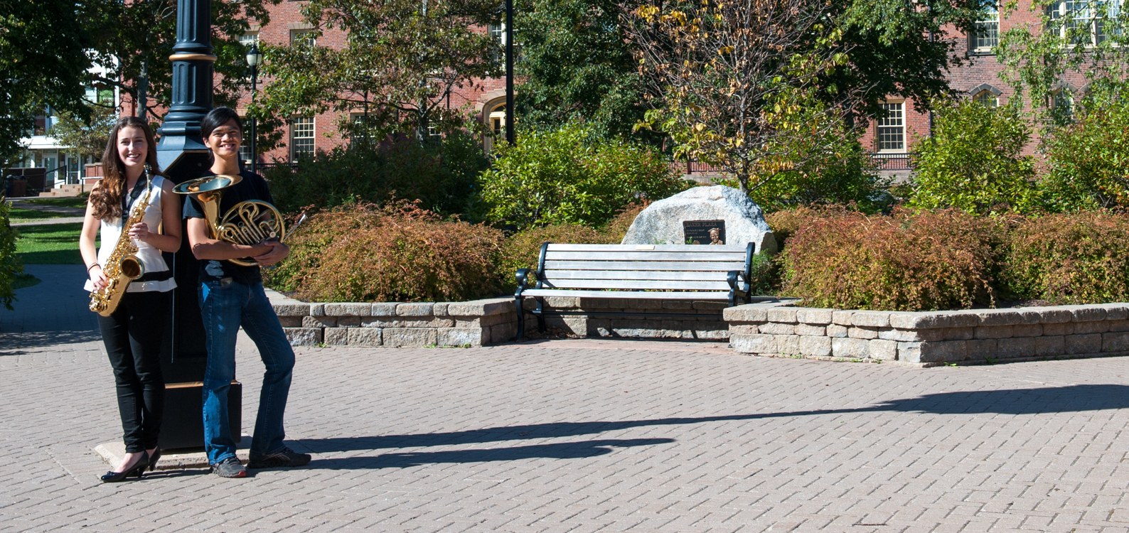 two music students in baker plaza