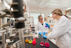 two chemistry students in laboratory with coloured flasks 